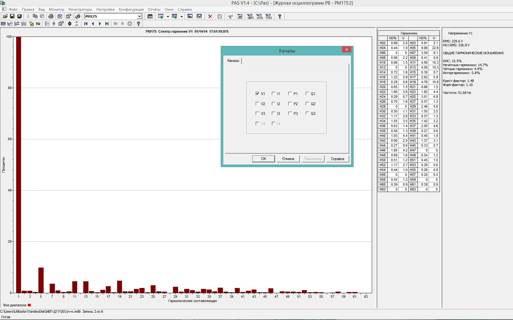 Рис. 3  - окно программы PAS спектр гармоник - гистограмма.