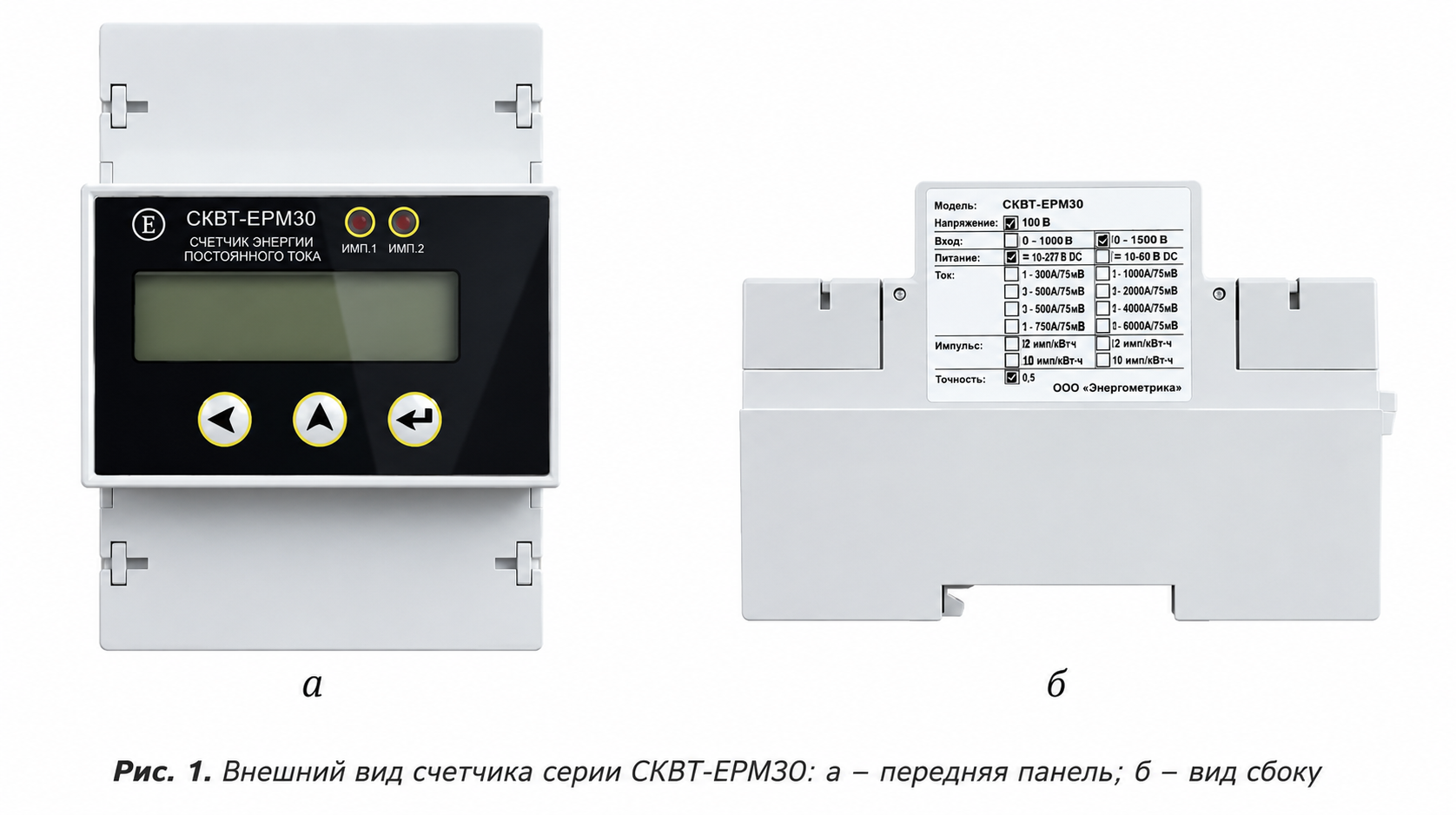 Внешний вид счетчика серии СКВТ-EPM30: а – передняя панель; б – вид сбоку